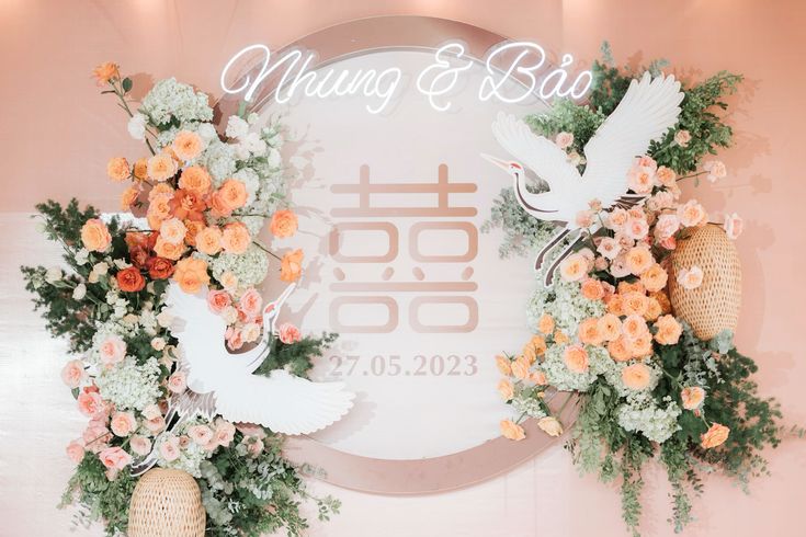 Backdrop Hạc trắng và hoa tone hồng